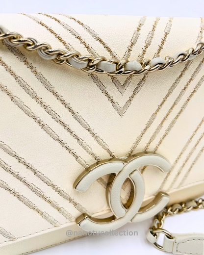 Chanel SheepSkin Triple Stitch Chevron Flap Chain Shoulder bag, Cream/ Off White