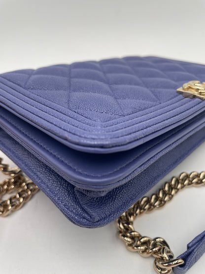 Chanel Caviar Le Boy Wallet on Chain, Blue