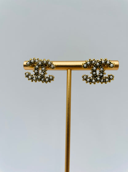 Chanel CC Pearl Stud Gold Plated Earrings