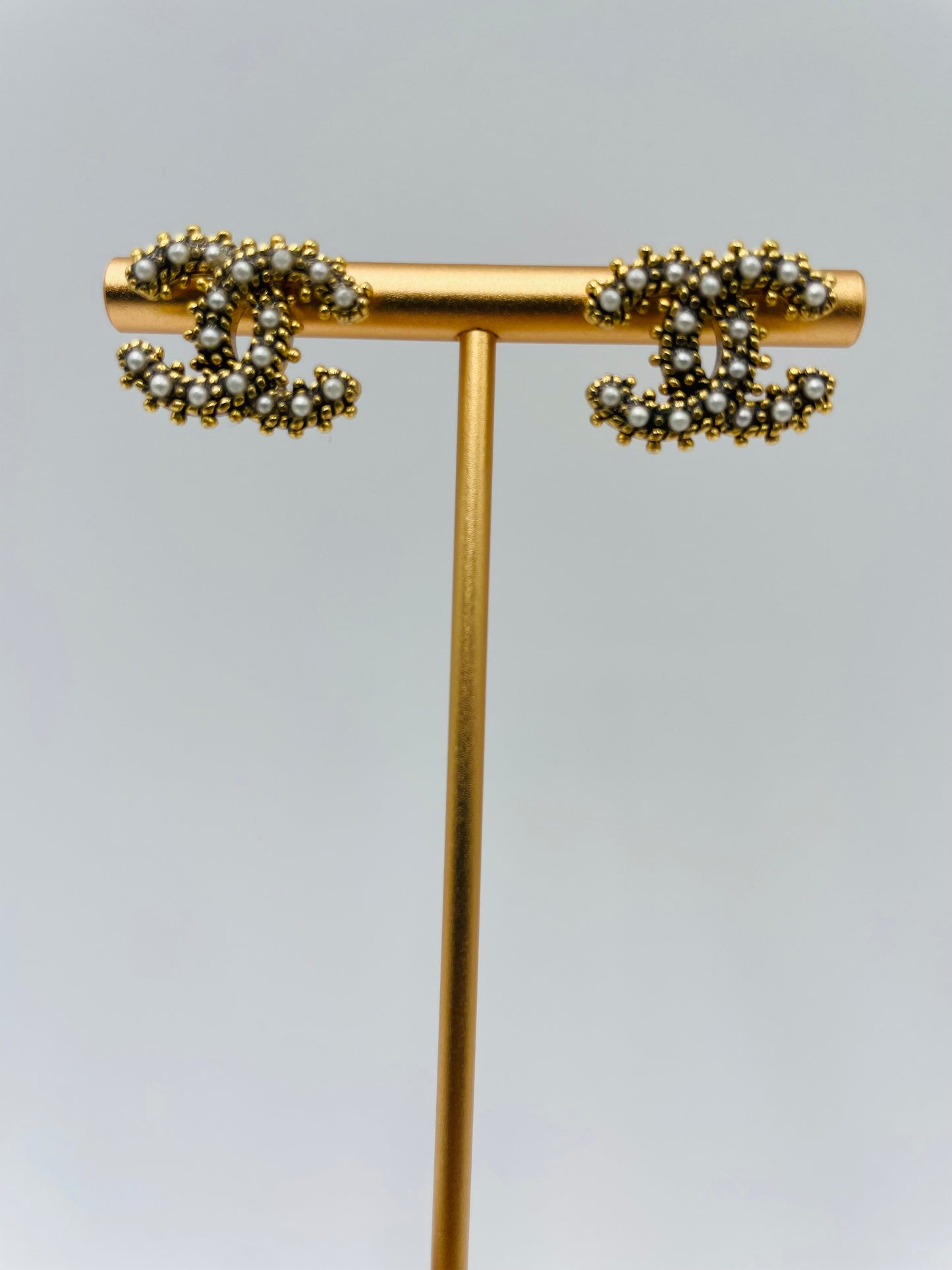 Chanel CC Pearl Stud Gold Plated Earrings