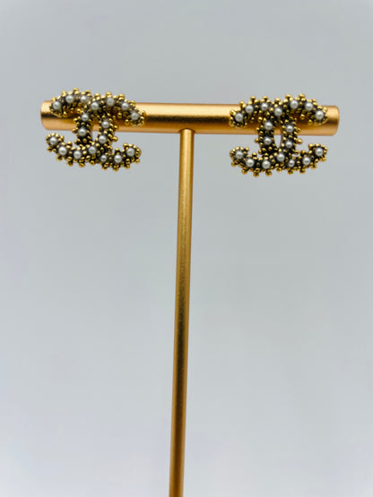Chanel CC Pearl Stud Gold Plated Earrings