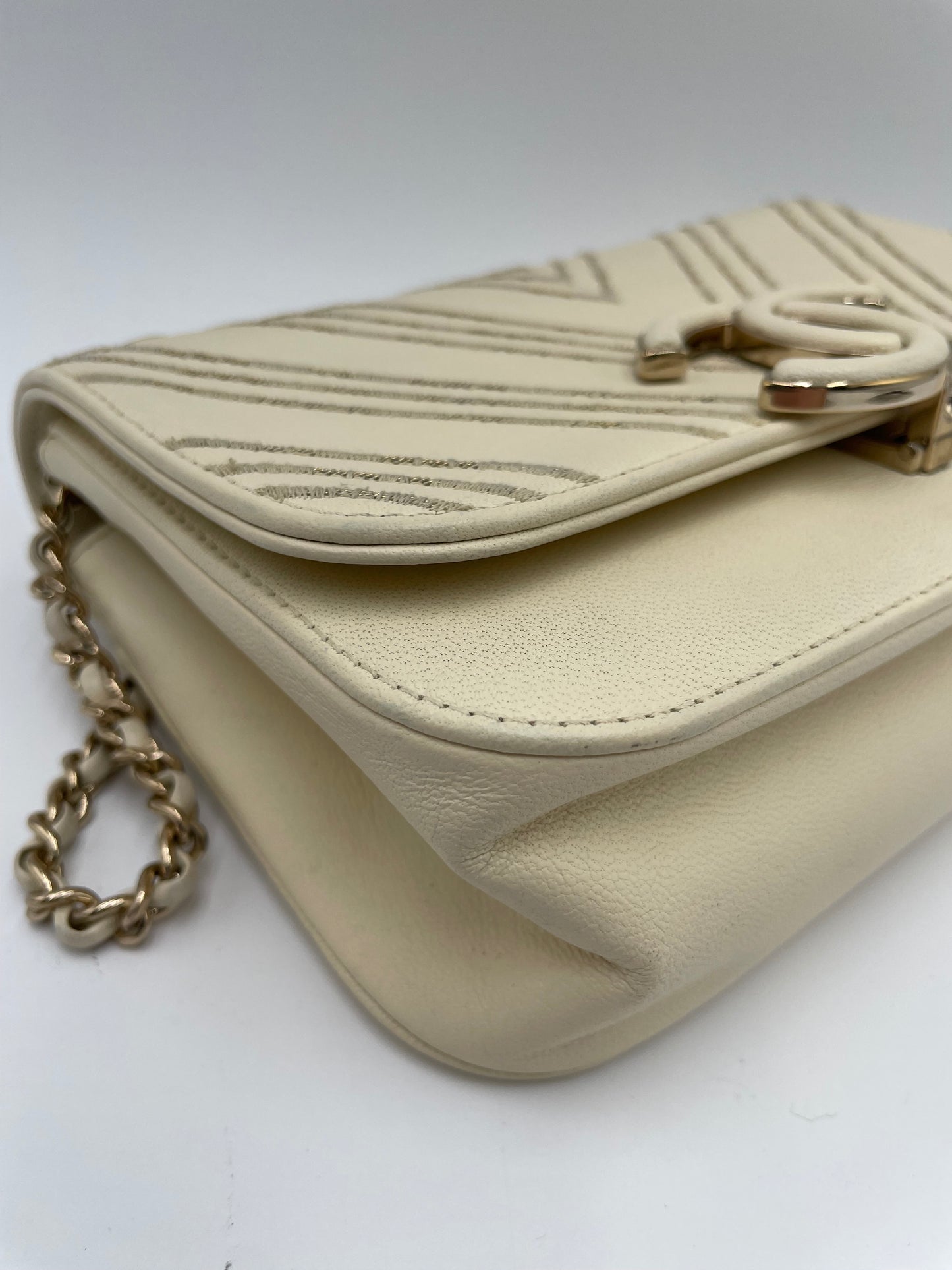 Chanel SheepSkin Triple Stitch Chevron Flap Chain Shoulder bag, Cream/ Off White