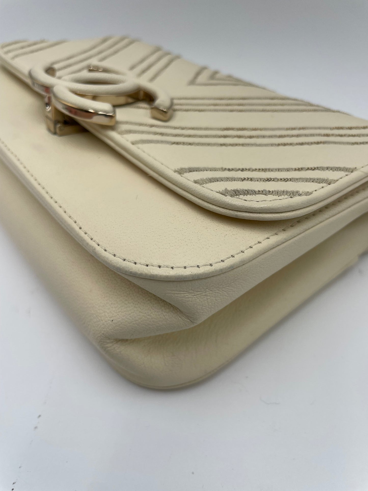 Chanel SheepSkin Triple Stitch Chevron Flap Chain Shoulder bag, Cream/ Off White