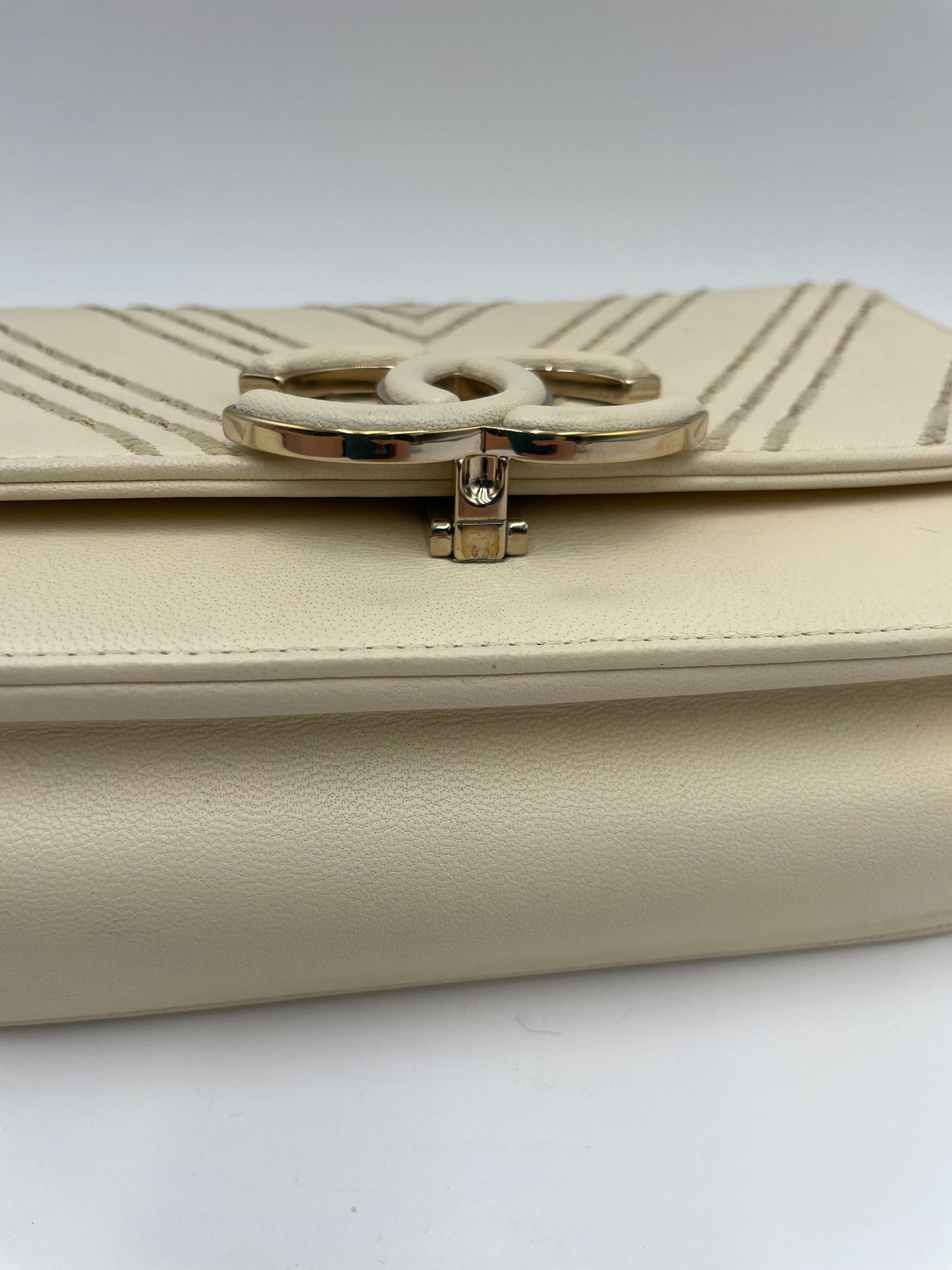 Chanel SheepSkin Triple Stitch Chevron Flap Chain Shoulder bag, Cream/ Off White