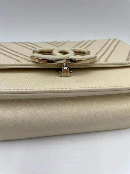 Chanel SheepSkin Triple Stitch Chevron Flap Chain Shoulder bag, Cream/ Off White