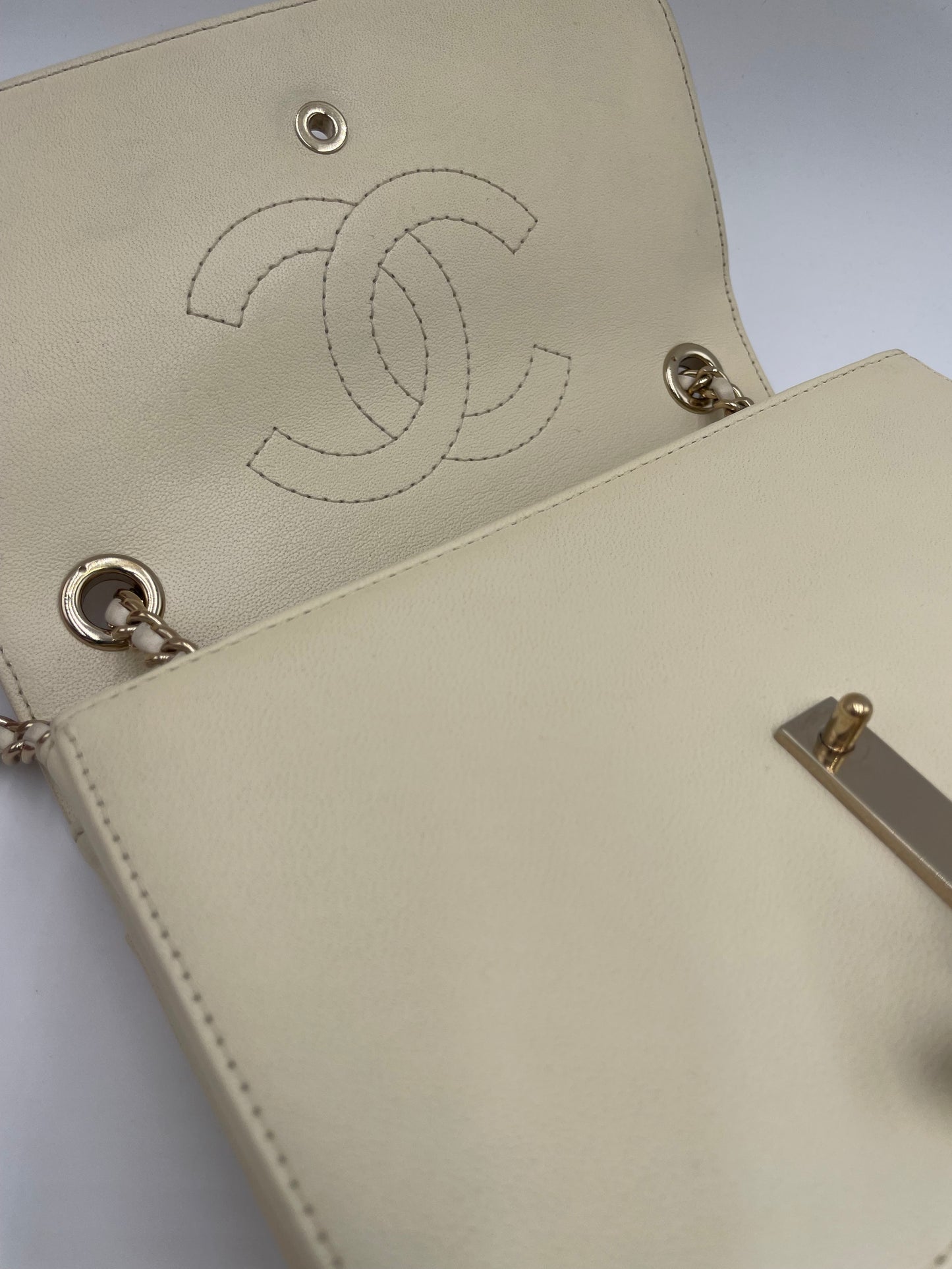Chanel SheepSkin Triple Stitch Chevron Flap Chain Shoulder bag, Cream/ Off White