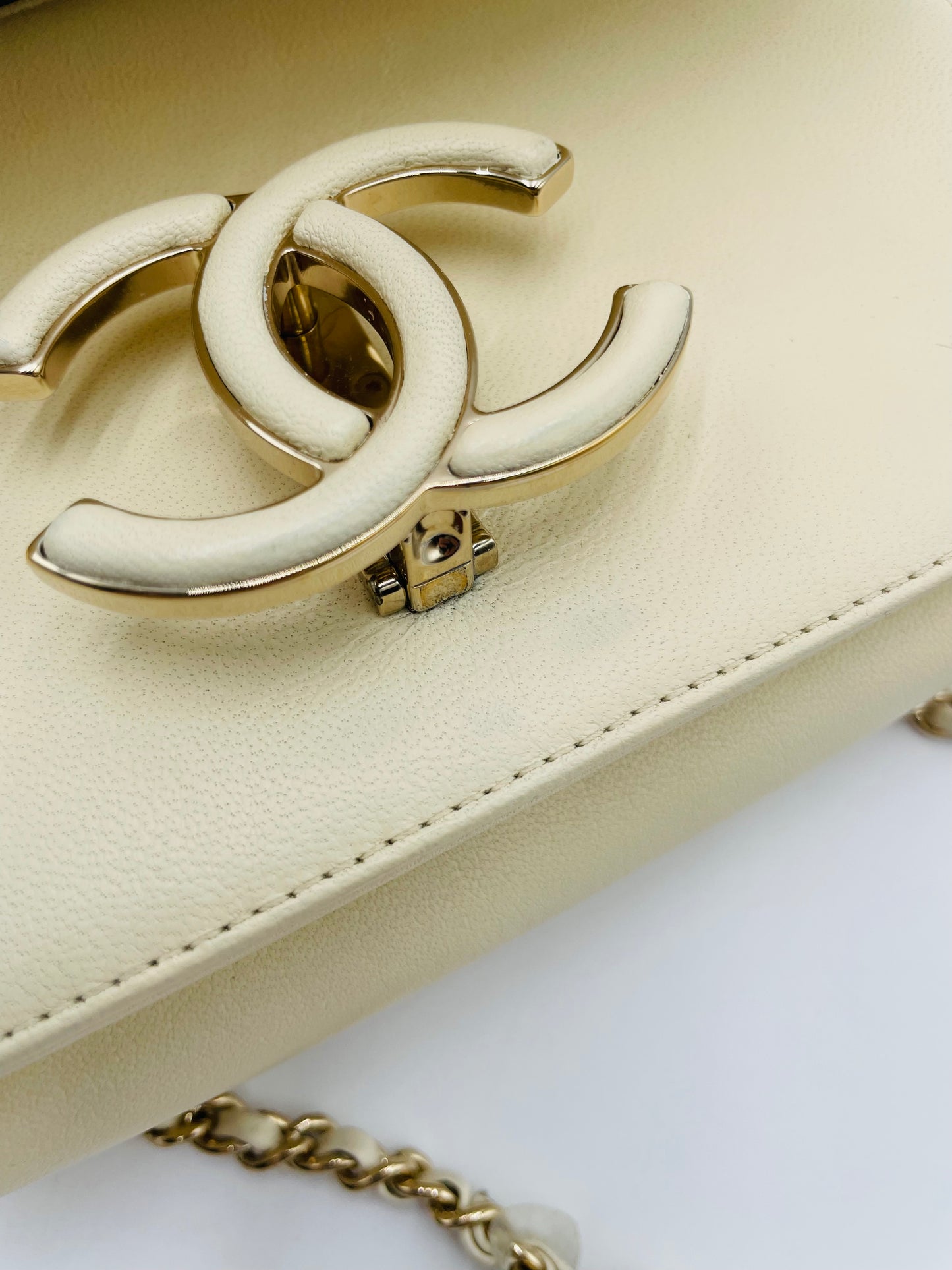 Chanel SheepSkin Triple Stitch Chevron Flap Chain Shoulder bag, Cream/ Off White