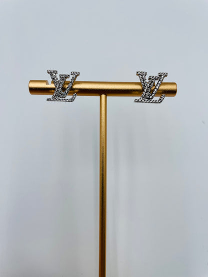 Louis Vuitton LV logo earrings with Stones- Silver