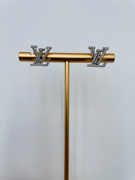 Louis Vuitton LV logo earrings with Stones- Silver