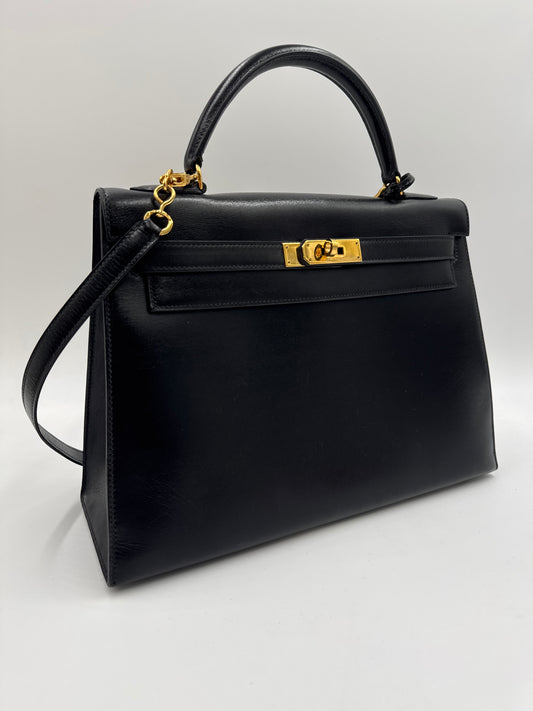 Hermes 1990 Kelly Black Box 32 Bag, Black